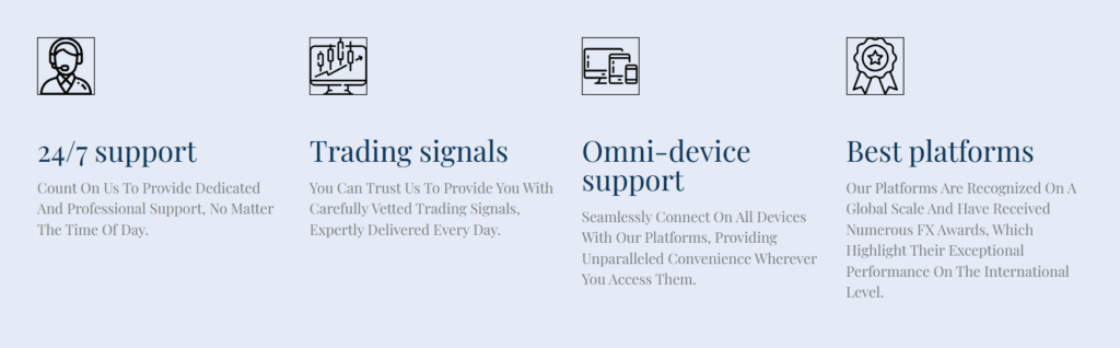 Overview of BIW Management’s key benefits: dedicated support, curated trading signals, multi-device compatibility, and platform awards.