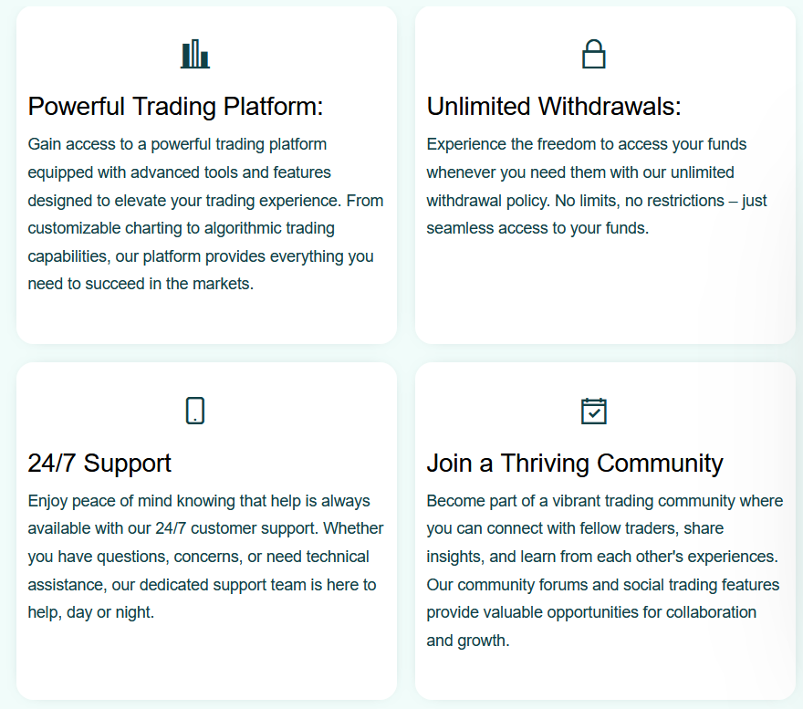 Screenshot of GF Limited’s four main features: trading platform, unlimited withdrawals, 24/7 support, and trading community.