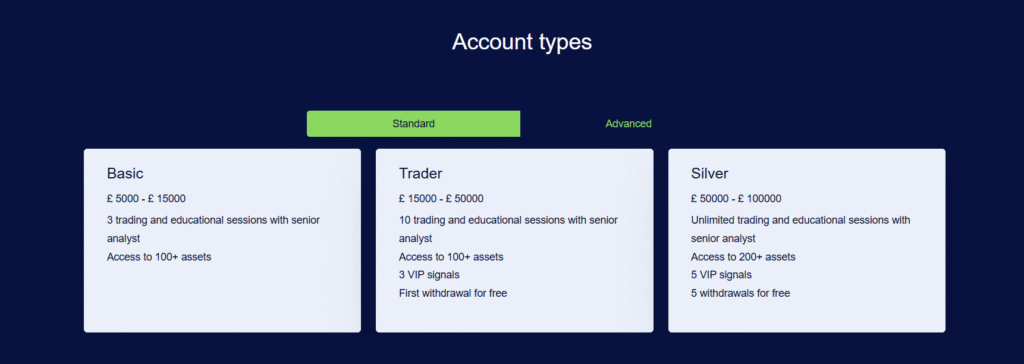 Comparison of Aurum Group Basic, Trader, and Silver account plans with pricing and features.