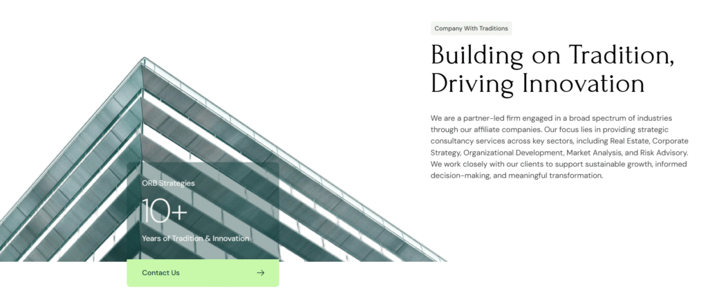 ORB Strategies About Us section: Building on Tradition, Driving Innovation with geometric architectural design and contact link.