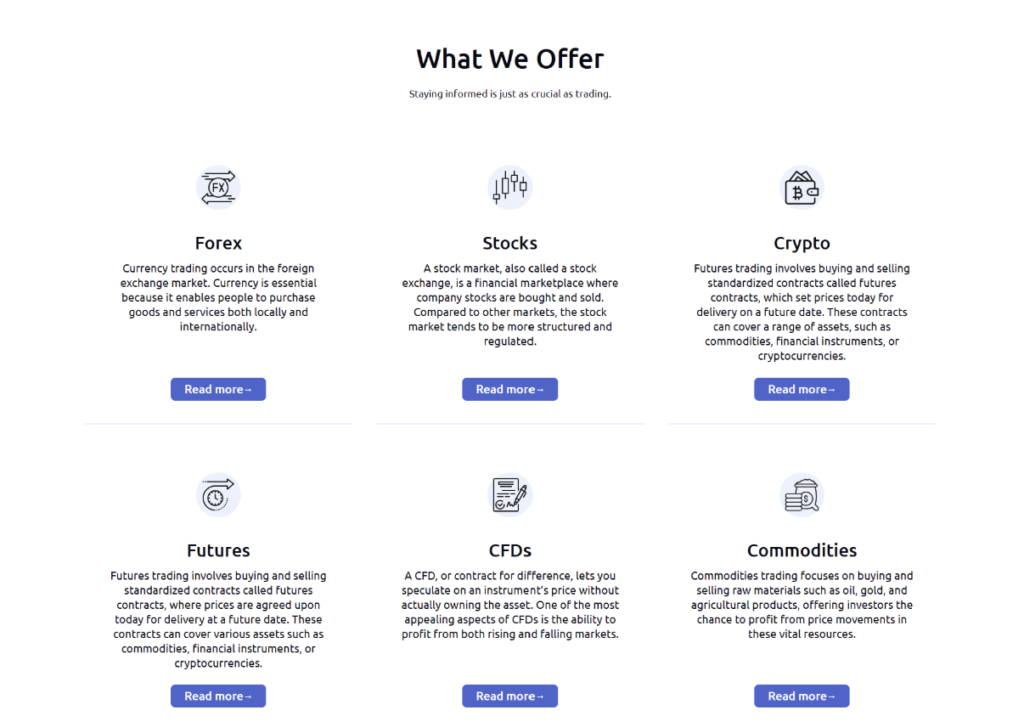 Wealth Fronts website section showing trading categories including forex, stocks, crypto, futures, CFDs, and commodities.